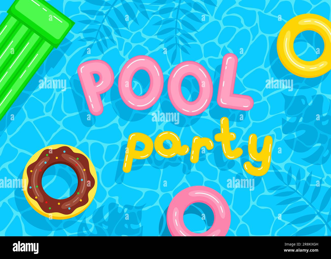 Modello poster per pool party. Colorati cerchi gonfiabili, materasso e lettere galleggiano sulla superficie dell'acqua Illustrazione Vettoriale