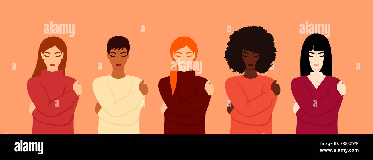 Cinque donne di diverse etnie che si incontrano con gli occhi chiusi e si abbracciano. Concetto di auto-cura. Illustrazione del vettore piatto Illustrazione Vettoriale
