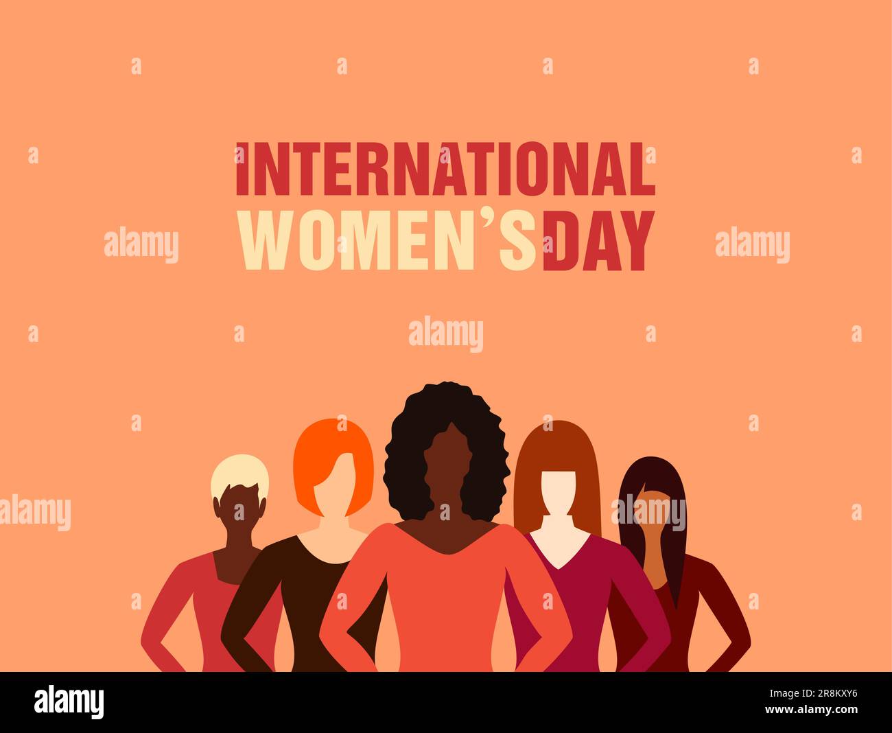 Cinque donne di diversa etnia in piedi insieme. Il concetto di amicizia delle donne e il movimento per i diritti delle donne. Giornata internazionale della donna. Illustrazione Vettoriale