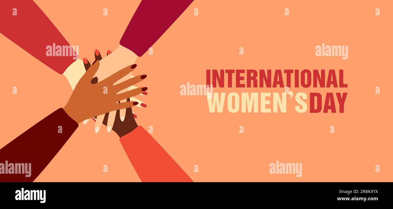 Donne di diversa etnia che mettono insieme le mani in un gesto di unità. Concetto di amicizia femminile, sostegno e movimento per i diritti delle donne. Int Illustrazione Vettoriale