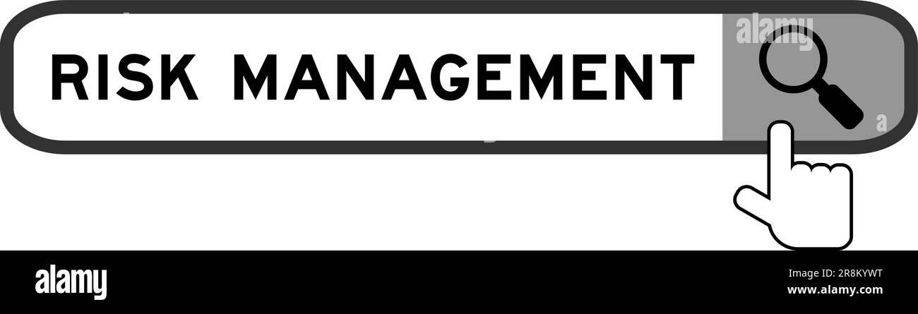 Banner di ricerca in gestione del rischio parola con icona di ingrandimento mano su sfondo bianco Illustrazione Vettoriale