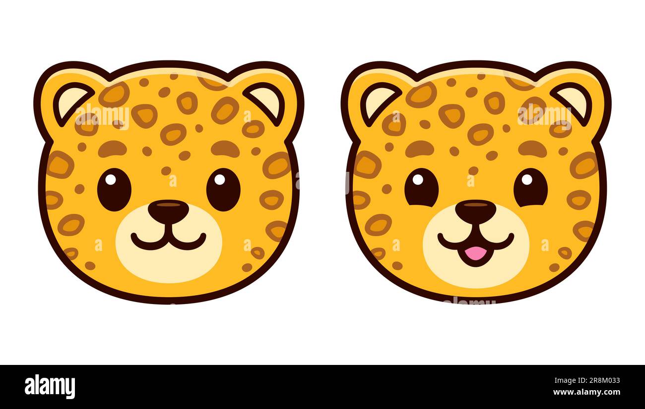Simpatica icona con il volto di leopard. Kawaii baby leopard sorridente, illustrazione vettoriale clip art. Illustrazione Vettoriale