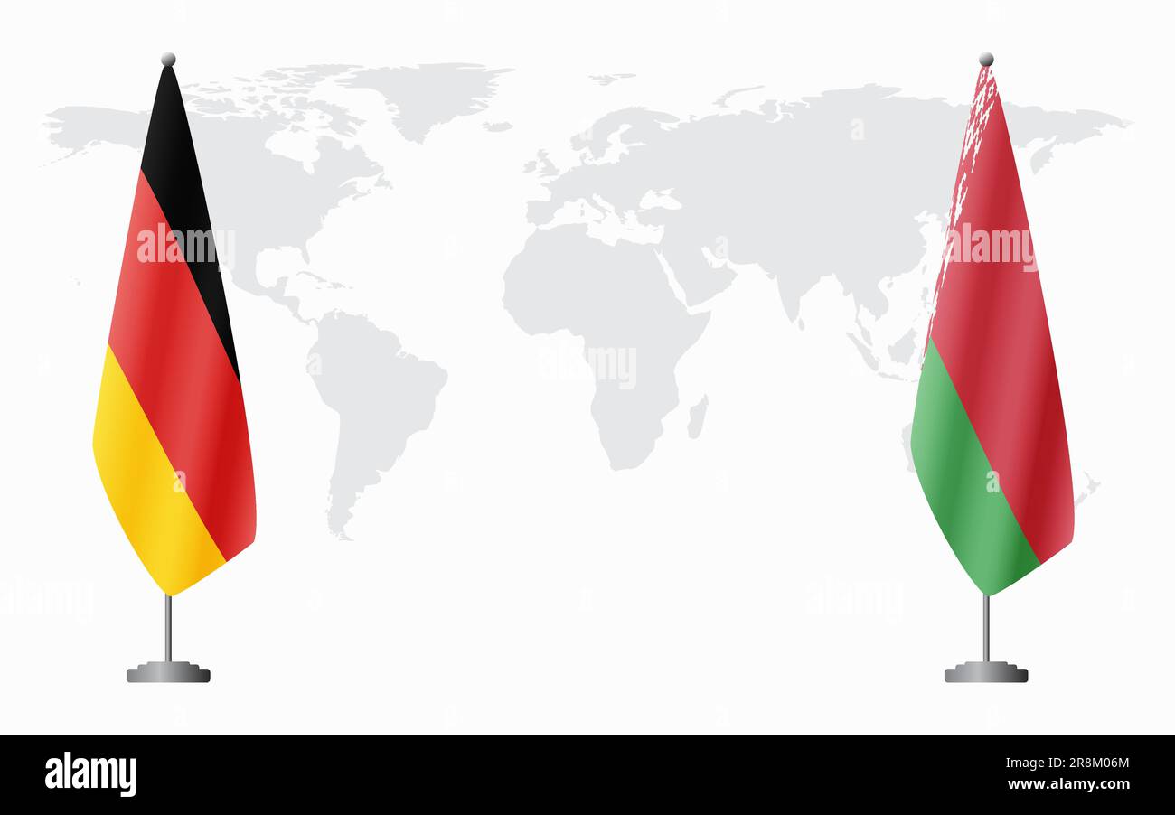 Bandiere tedesche e bielorusse per un incontro ufficiale sullo sfondo della mappa mondiale. Illustrazione Vettoriale