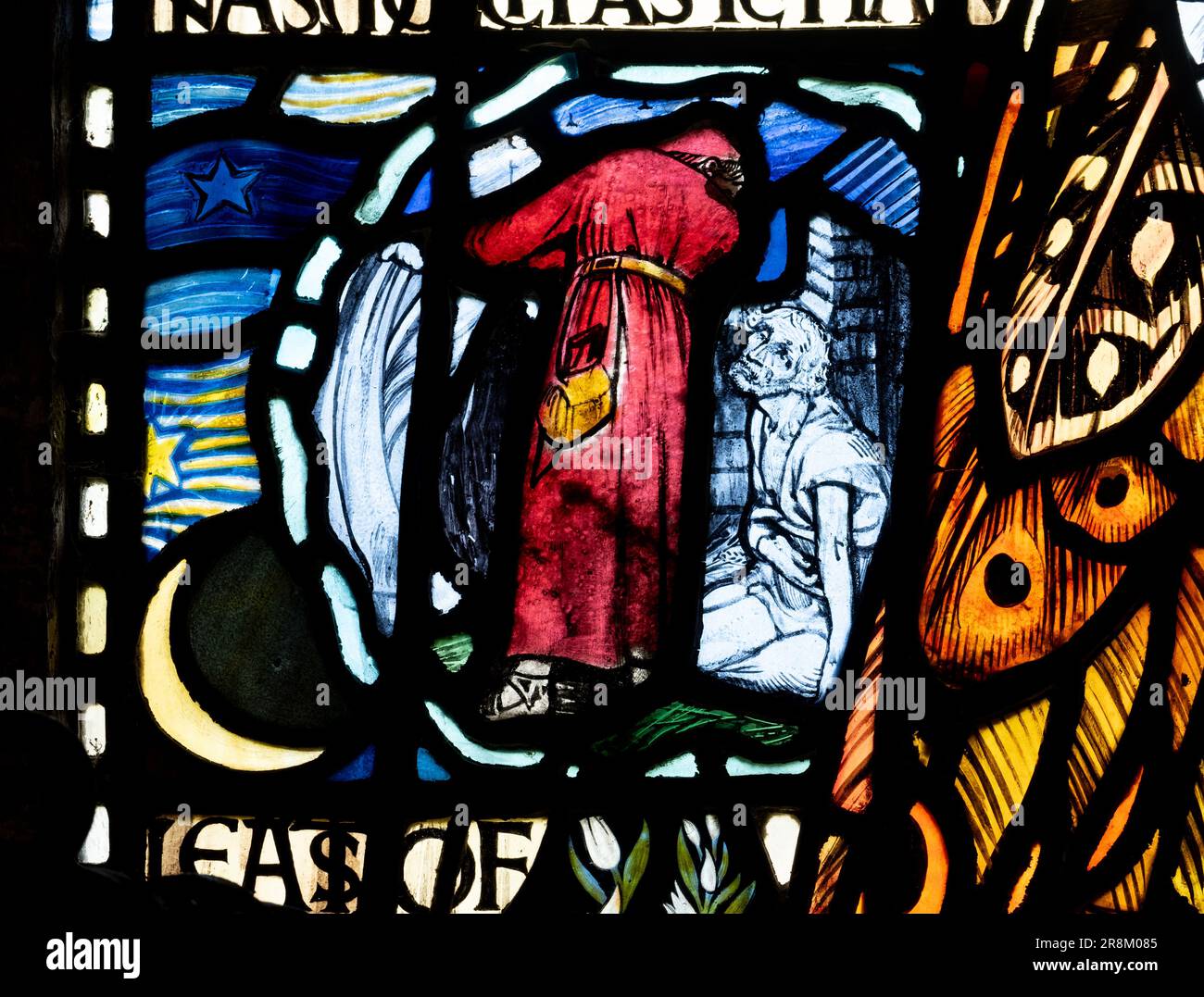 Atti di vetro colorato di misericordia, St. Giles Church, Packwood, Warwickshire, Inghilterra, Regno Unito Foto Stock