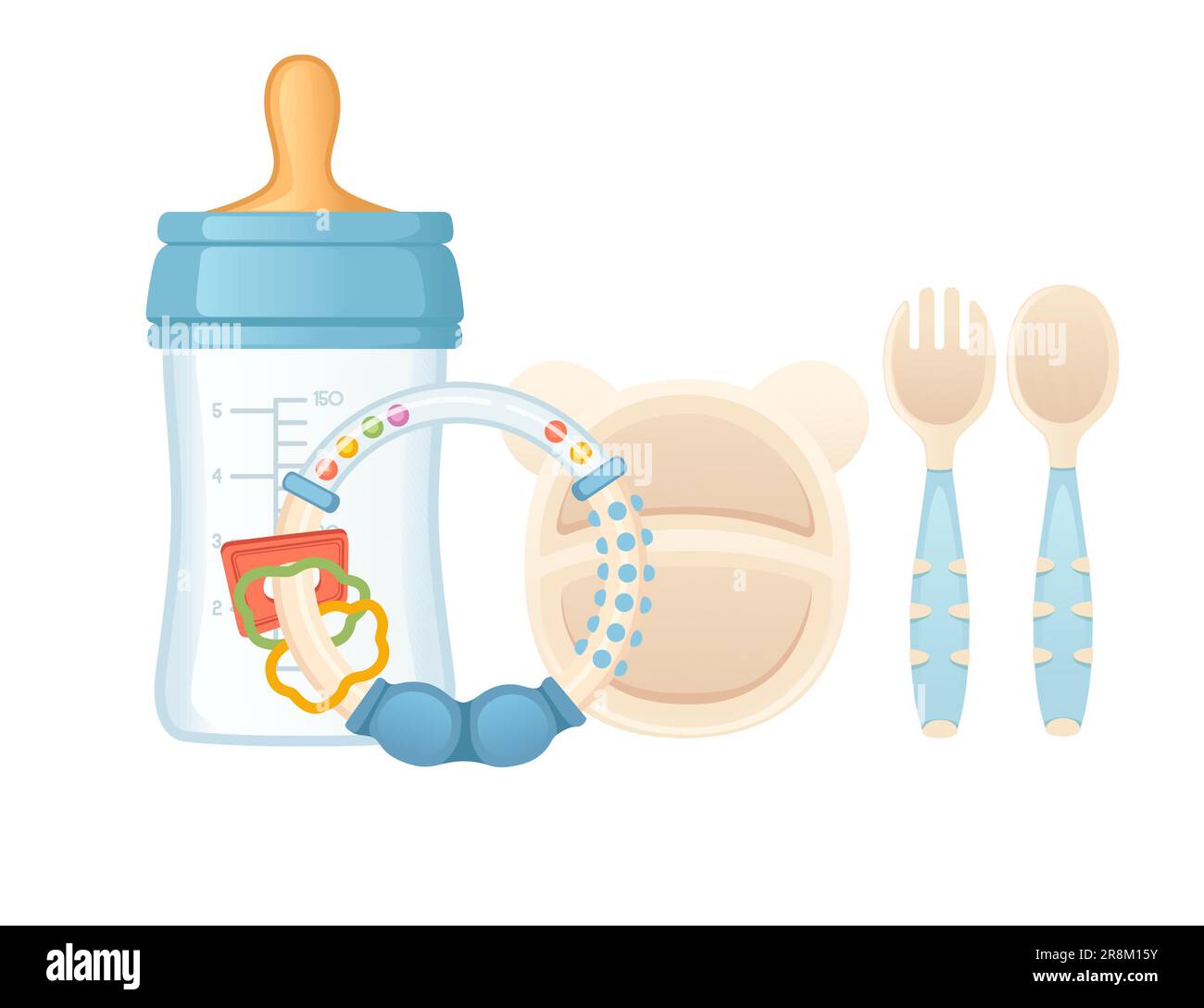 Set di articoli per la dentizione del biberon e posate, illustrazione vettoriale isolata su sfondo bianco Illustrazione Vettoriale
