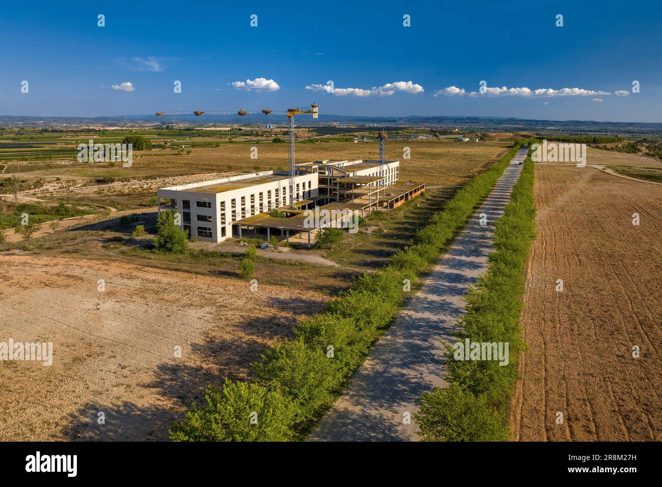 Veduta aerea dei dintorni del villaggio di Miralcamp (Pla d'Urgell, Lleida, Catalogna, Spagna) ESP: Vista aérea de los alrededores de Miralcamp Foto Stock