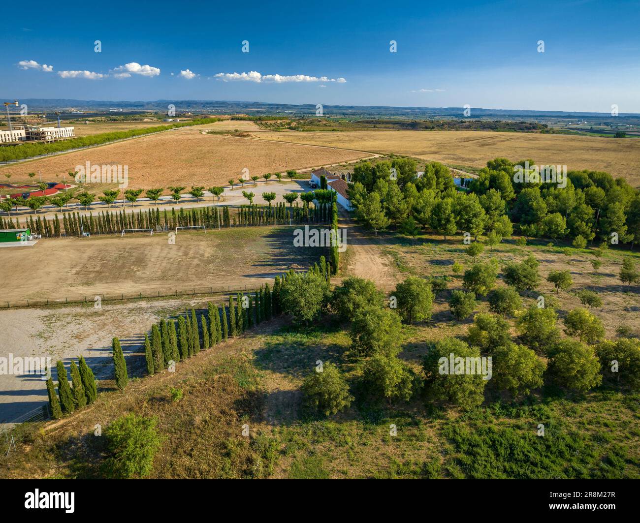 Veduta aerea dei dintorni del villaggio di Miralcamp (Pla d'Urgell, Lleida, Catalogna, Spagna) ESP: Vista aérea de los alrededores de Miralcamp Foto Stock