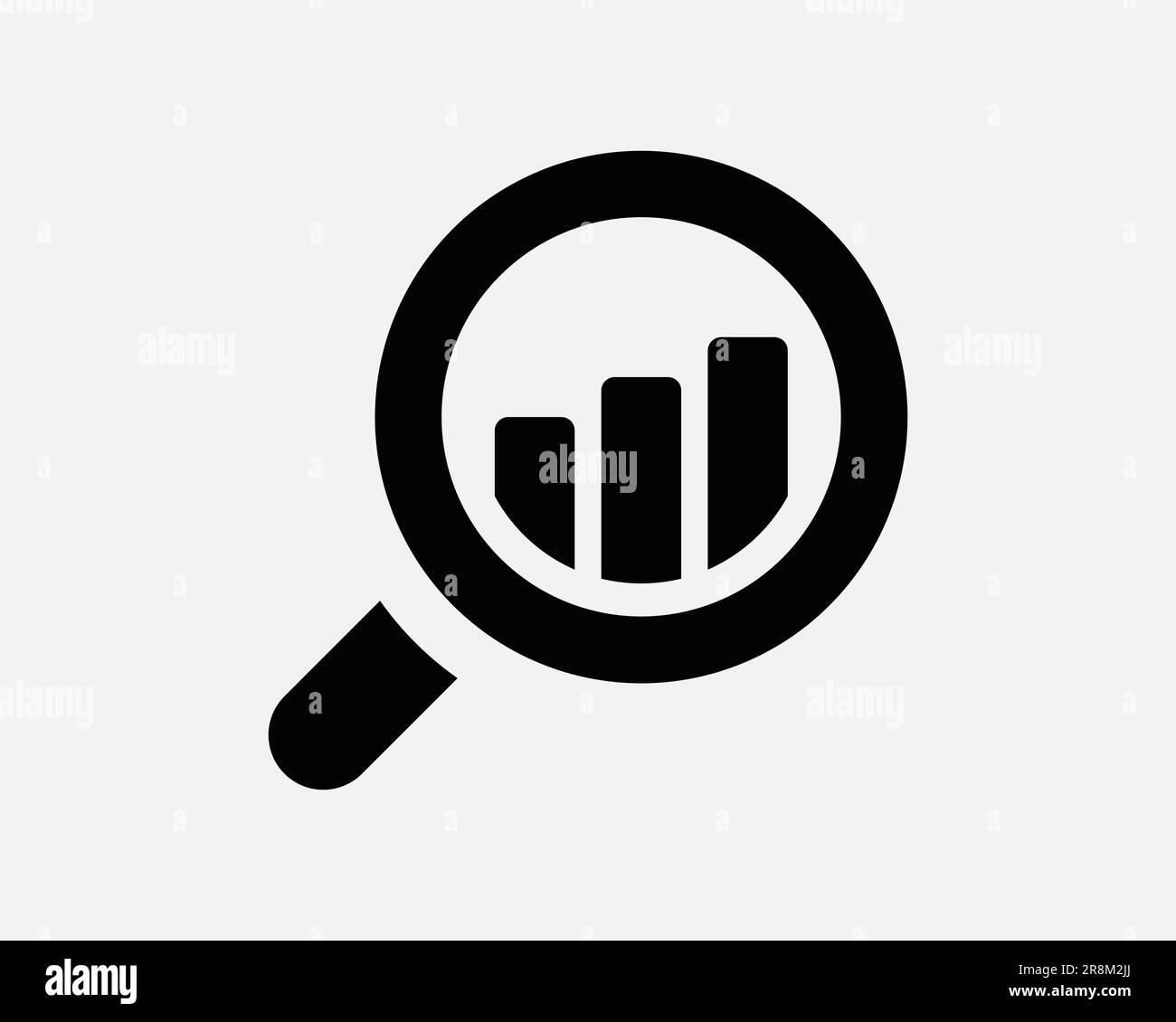 Icona di ricerca di mercato. Analisi dei grafici a barre Cerca lente d'ingrandimento Statistiche dati di mercato. Nero bianco segno simbolo grafico Clipart vettore EPS Illustrazione Vettoriale