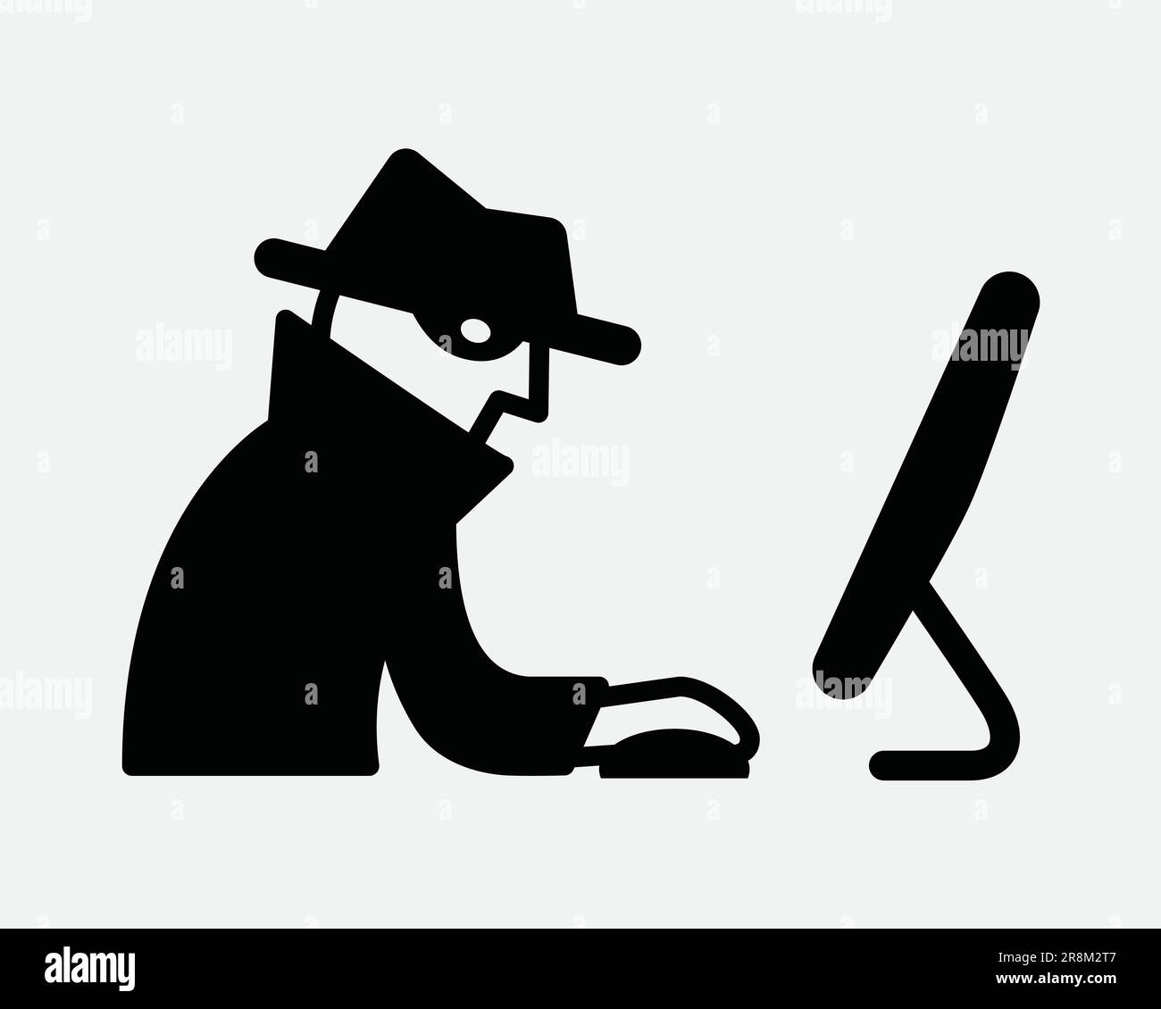 Icona hacker. Crimine criminale Hacking criminale Ladro di hack Web Cyber sicurezza spia rubare. Simbolo del segno bianco nero Illustrazione Illustrazione grafico Clipart vettore EPS Illustrazione Vettoriale