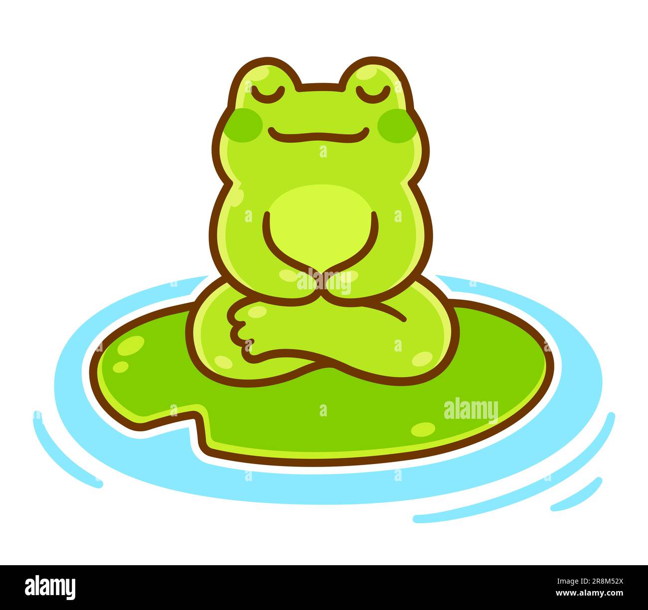 Carino piccolo cartone animato rana seduta in meditazione su giglio pad. Adorabile meditating froggy vettore illustrazione. Illustrazione Vettoriale