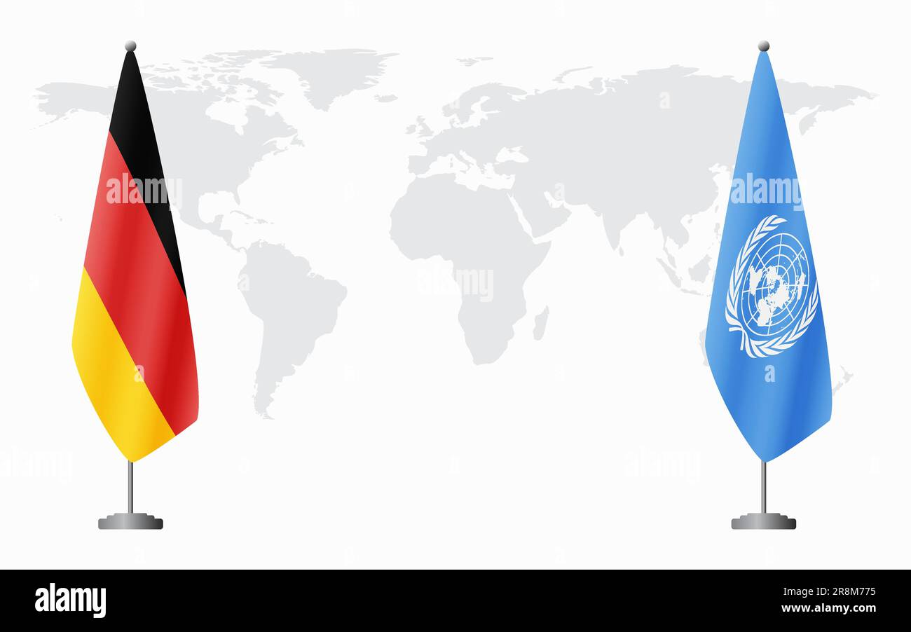 Bandiera della Germania e delle Nazioni Unite per un incontro ufficiale sullo sfondo della mappa mondiale. Illustrazione Vettoriale