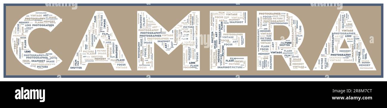 Testo DELLA FOTOCAMERA riempito con parole chiave correlate di varie dimensioni. Cloud parola fotocamera. Attraente illustrazione vettoriale. Illustrazione Vettoriale