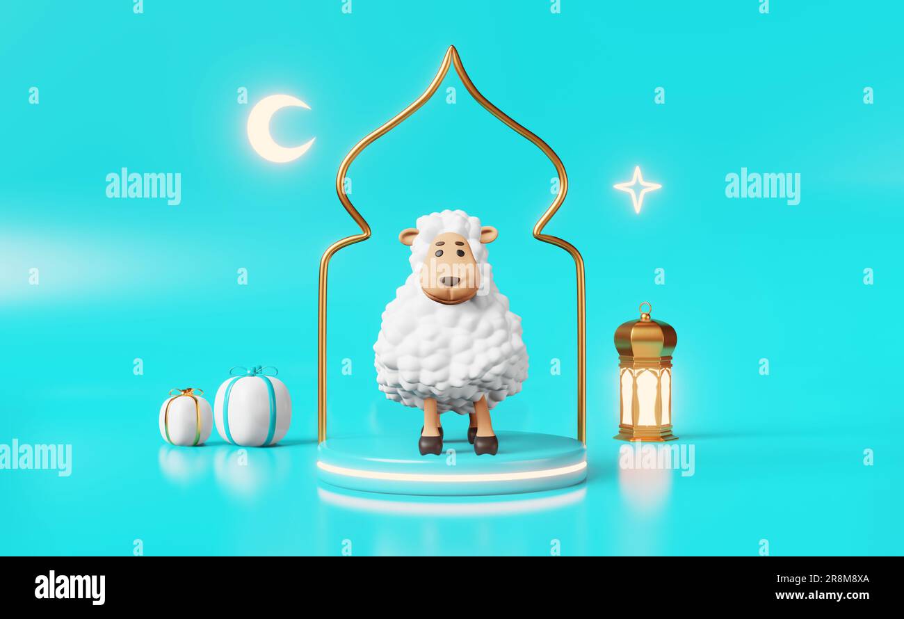 Carino pecora Islamico Udhiya-Qurbani animale sacrificio agnello sul podio 3D rendering. EID al-Adha Holiday, Ramadan, Eid al-Fitr, Raya Hari, Mawlid Muslim fe Foto Stock