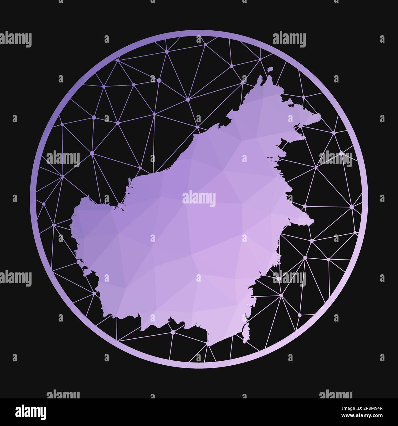 Icona del Borneo. Mappa poligonale vettoriale dell'isola. Icona Borneo in stile geometrico. La mappa dell'isola con basso polygradient viola su sfondo scuro. Illustrazione Vettoriale