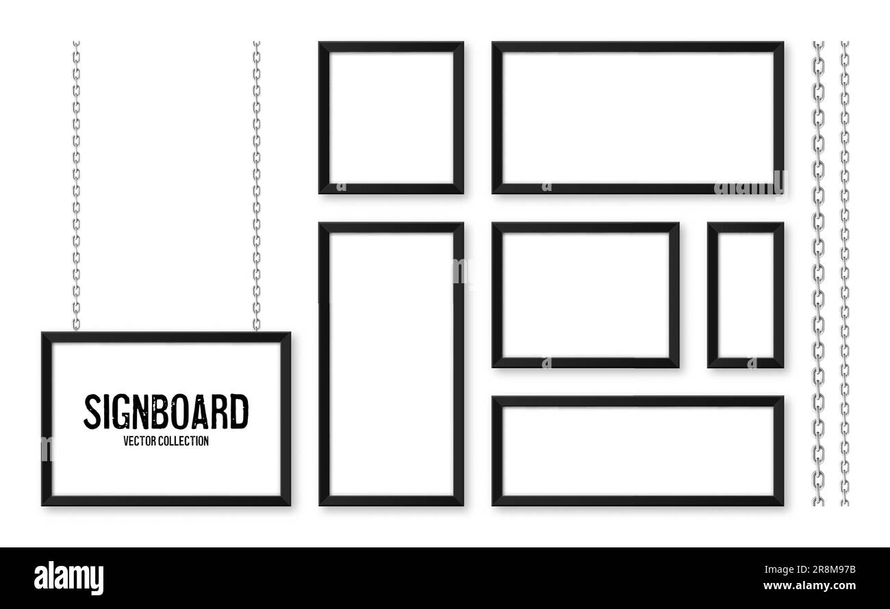 Cartelli neri appesi su una catena metallica. Menu del ristorante. Moderno poster mockup. Foto o cornice vuota. Pubblicità o presentazione Illustrazione Vettoriale