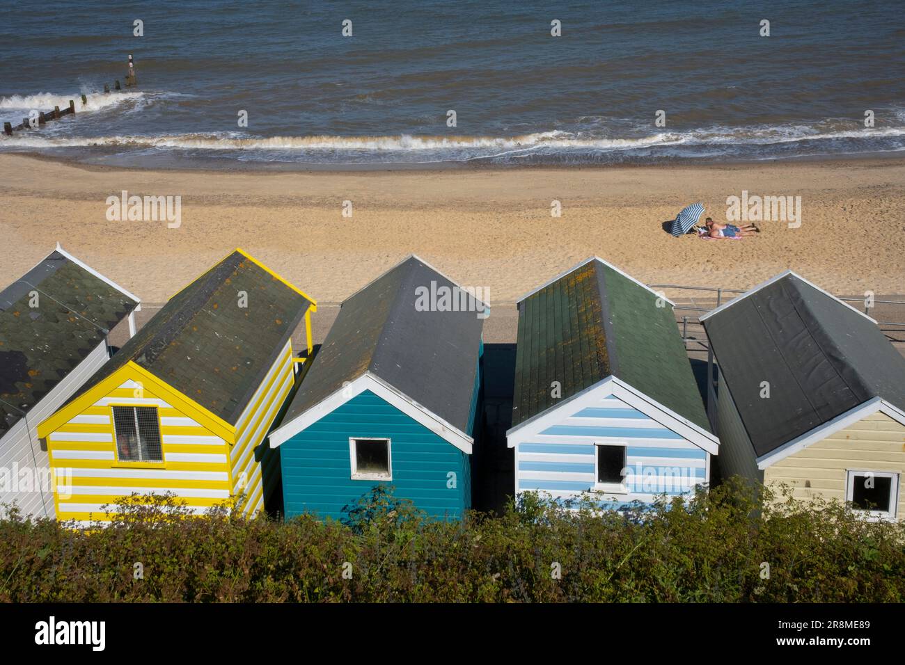 Beach Huts a Southwold, sulla East Suffolk Coast, Inghilterra Foto Stock