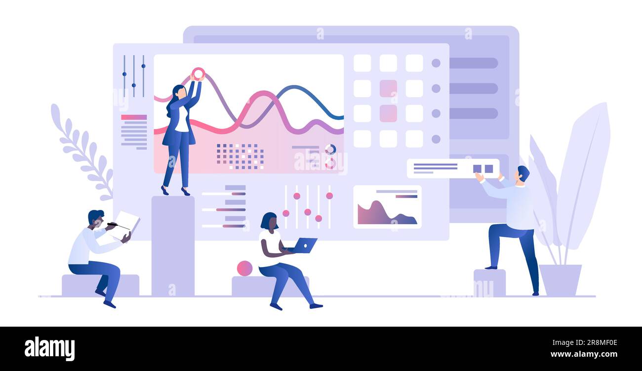 Persone che analizzano grafici e grafici, ricerche di mercato, analisi web. Modello di concetto di analisi dei dati. Infografiche, statistiche, visualizzazione dei dati 3D concetto Illustrazione Vettoriale