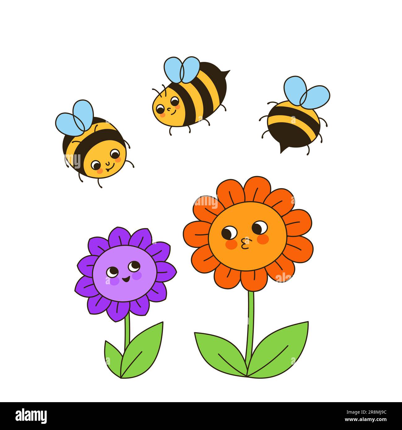 Bee miele personaggi e fiori retro cartone animato illustrazione. Fumetti bambini honeybee insetti personaggi con grafica divertente viso. Cute bambino mano disegnata estate fumetto smiley caricatura api vettore di disegno Illustrazione Vettoriale