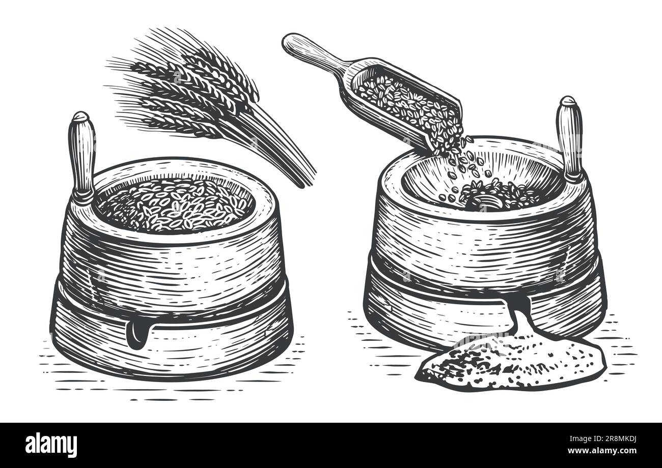 Il mulino a mano è un antico strumento in pietra per macinare i prodotti a base di grano e ottenere la farina. Vettore vintage. Schizzo di macina Illustrazione Vettoriale