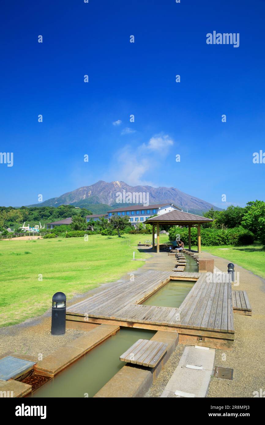 Lava Nagisa Park Footbath e Sakurajima Foto Stock