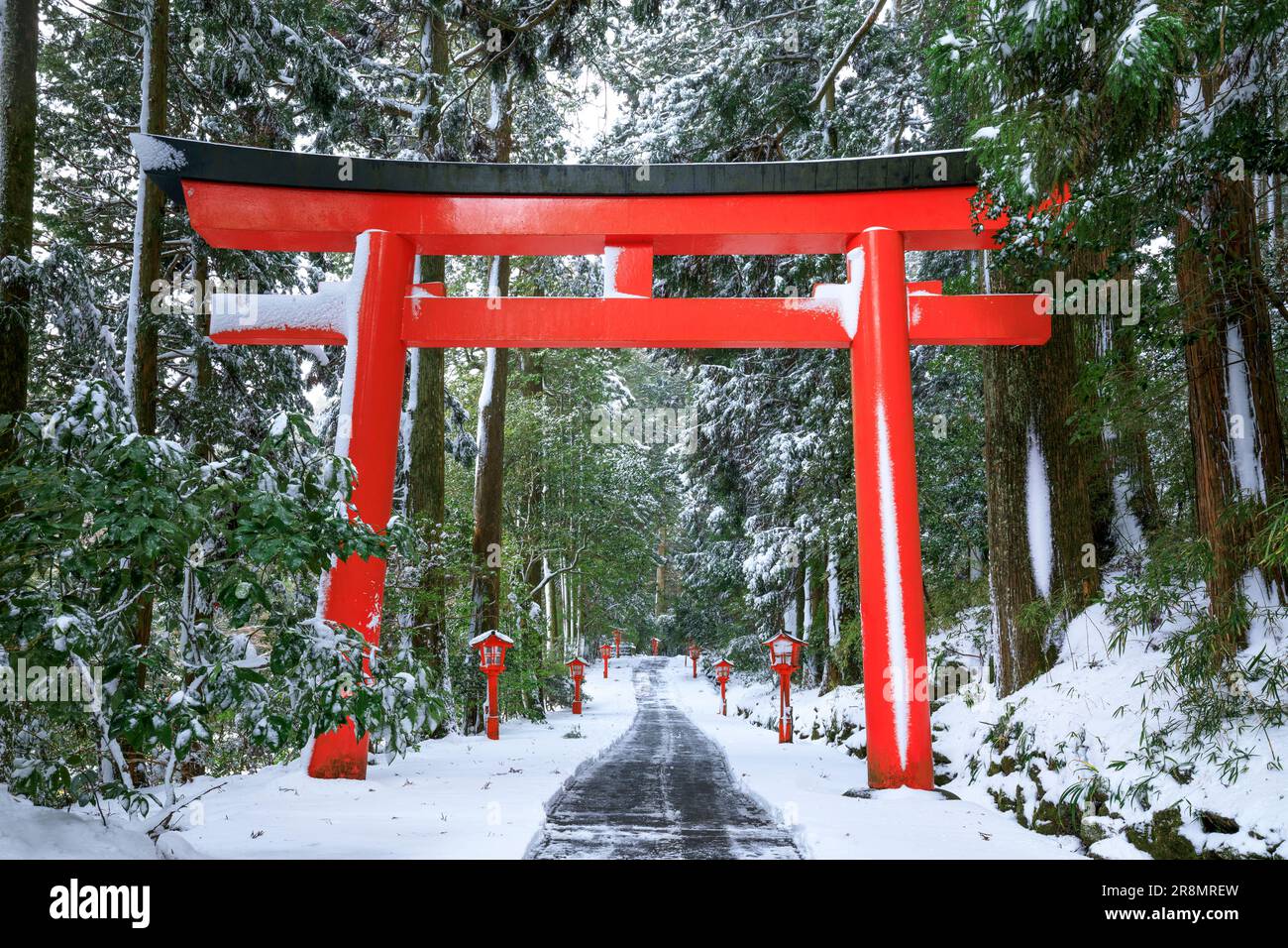 Avvicinatevi al Santuario di Hakone e al cancello torii sulla neve Foto Stock