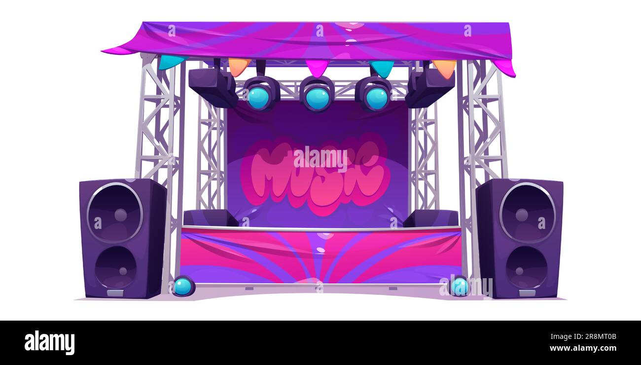 Palco musicale per il concerto all'aperto del parco festival immagine vettore evento. Cartoni animati isolati all'aperto, scene di rock e dance per feste di matrimonio o intrattenimento ricreativo su sfondo bianco. Illustrazione Vettoriale