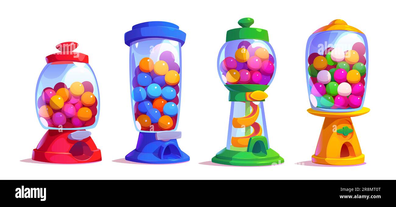Set di cartoni animati di macchine per caramelle isolate su sfondo bianco. Illustrazione vettoriale di distributori automatici retrò rossi, blu, verdi, gialli con vasetti di vetro pieni di bubblegumi, dolci, galline, gomme da masticare Illustrazione Vettoriale