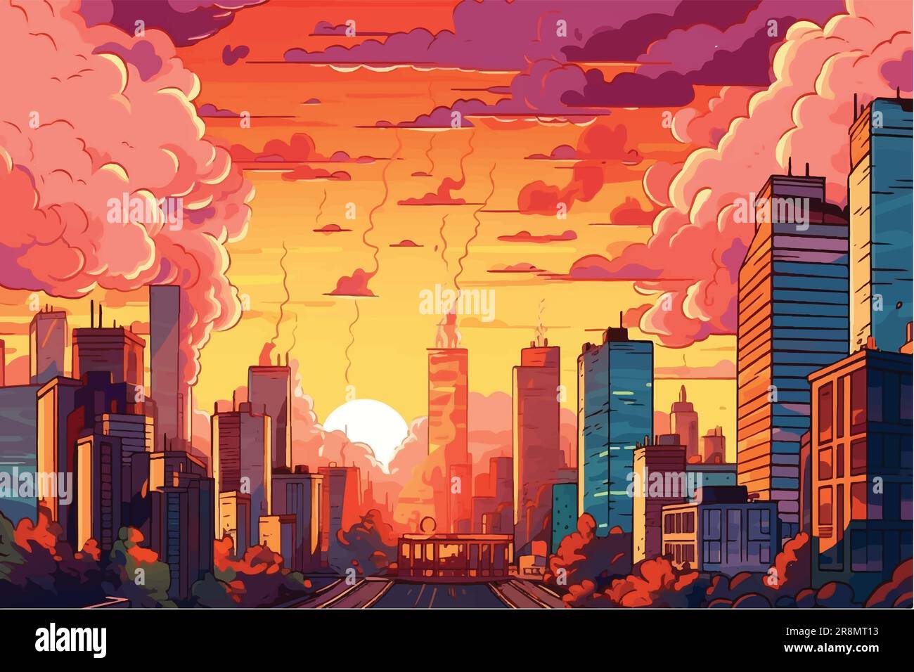 Illustrazione vettoriale dei cartoni animati di Blazing Urban vista, skyline della città coperto da aria calda-rossa Illustrazione Vettoriale