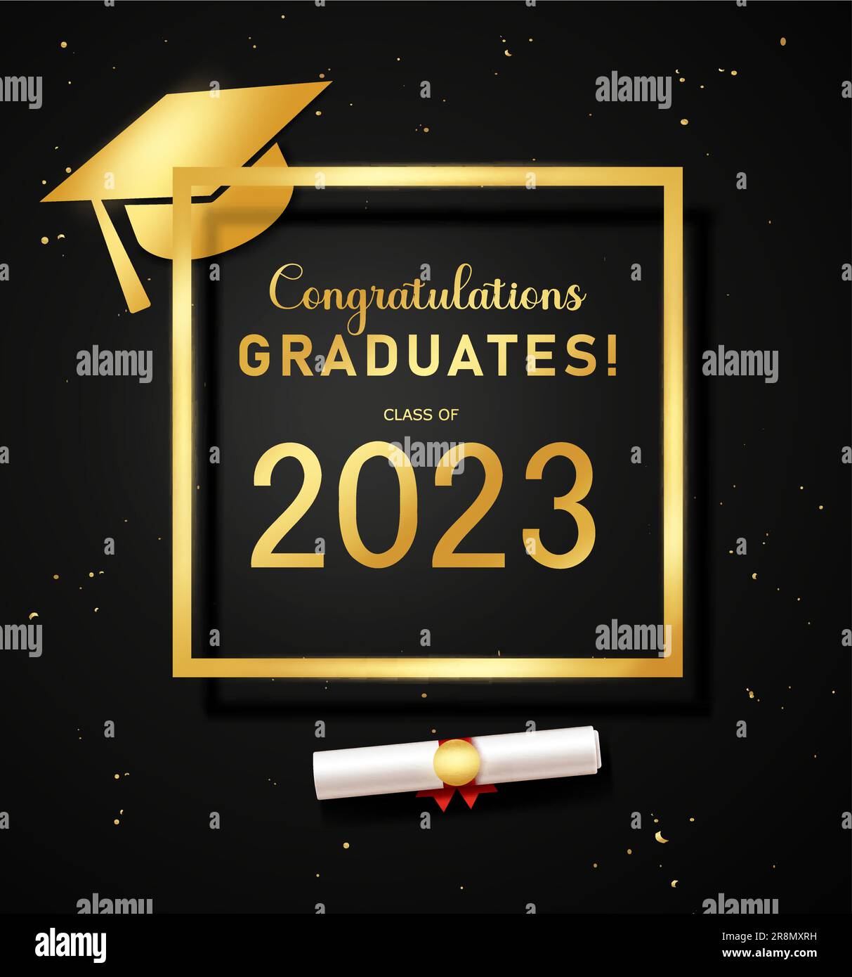 Congratulazioni, diplomati modello vettoriale. Classe 2023: Testo di ringraziamento per testo tipografico in nero e giallo. Vettore Illustrazione Vettoriale