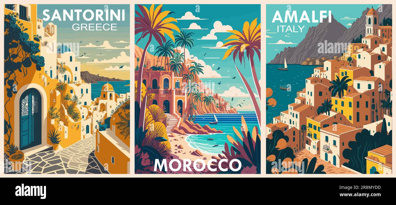 Set di poster delle destinazioni di viaggio in stile retrò. Illustrazione Vettoriale