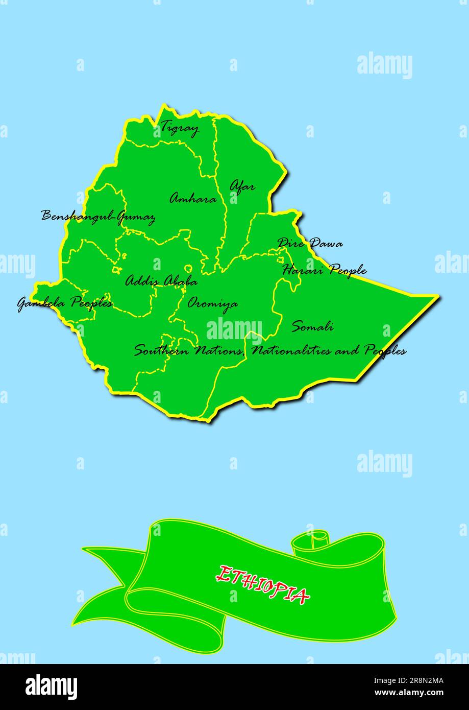 Mappa dell'Etiopia con sottoregioni in verde nome del paese in rosso Foto Stock
