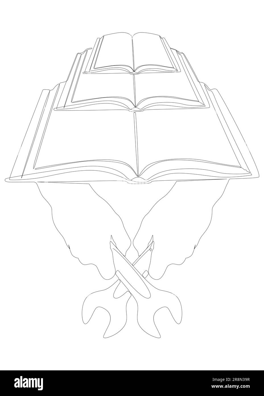 Una linea continua di libri con chiave. Illustrazione di linee sottili Manuale di istruzioni concetto di vettore. Disegno di contorno idee creative. Illustrazione Vettoriale