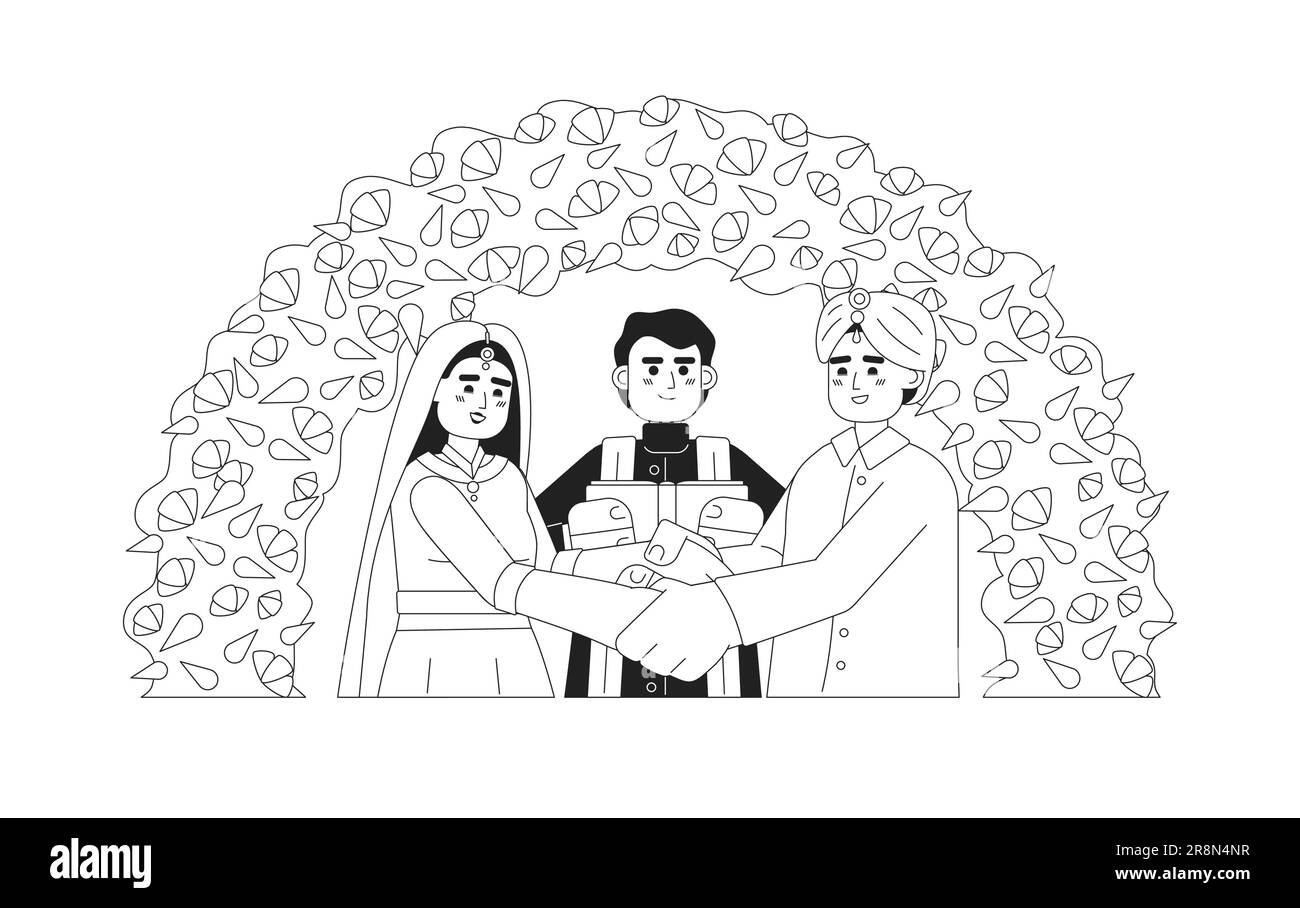 Preghiera indiana officiando sposo sposa indù matrimonio monocromatico piatto caratteri vettoriali Illustrazione Vettoriale