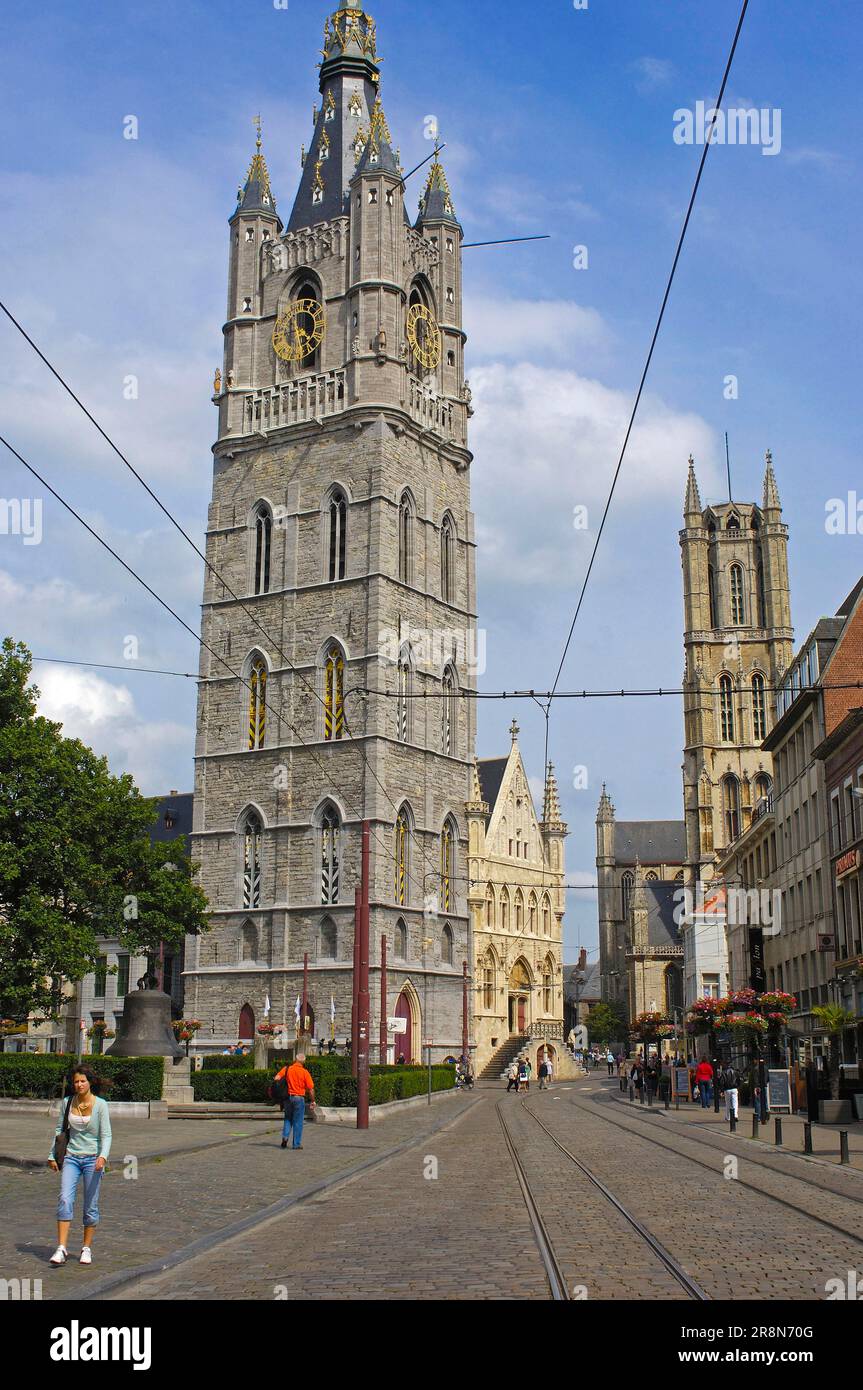 Belfry, Cattedrale di San Bavo, Gand, Fiandre Orientali, Fiandre, Belgio, Campanile Foto Stock