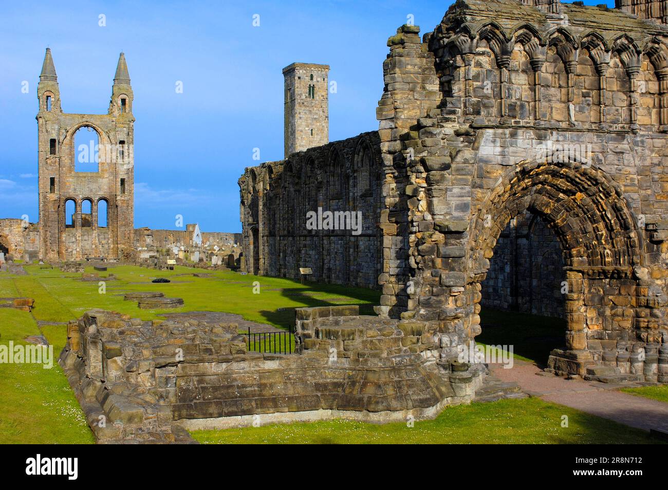 Rovine della chiesa e cattedrale di St. Rules, St Andrews, Fife, Scozia, Regno Unito Foto Stock