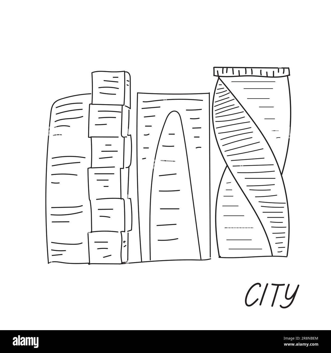Doodle Mosca città. Schizzo disegnato a mano. Business center con diversi grattacieli. Lettering City. Architettura famosa. Isolato su sfondo bianco Illustrazione Vettoriale