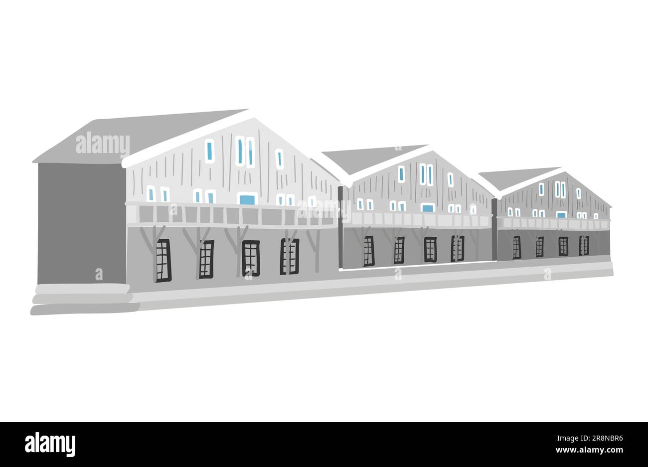 Numero di edifici residenziali disegnati a mano in stile Scandinavo. Finestre blu e pareti grigie Illustrazione Vettoriale