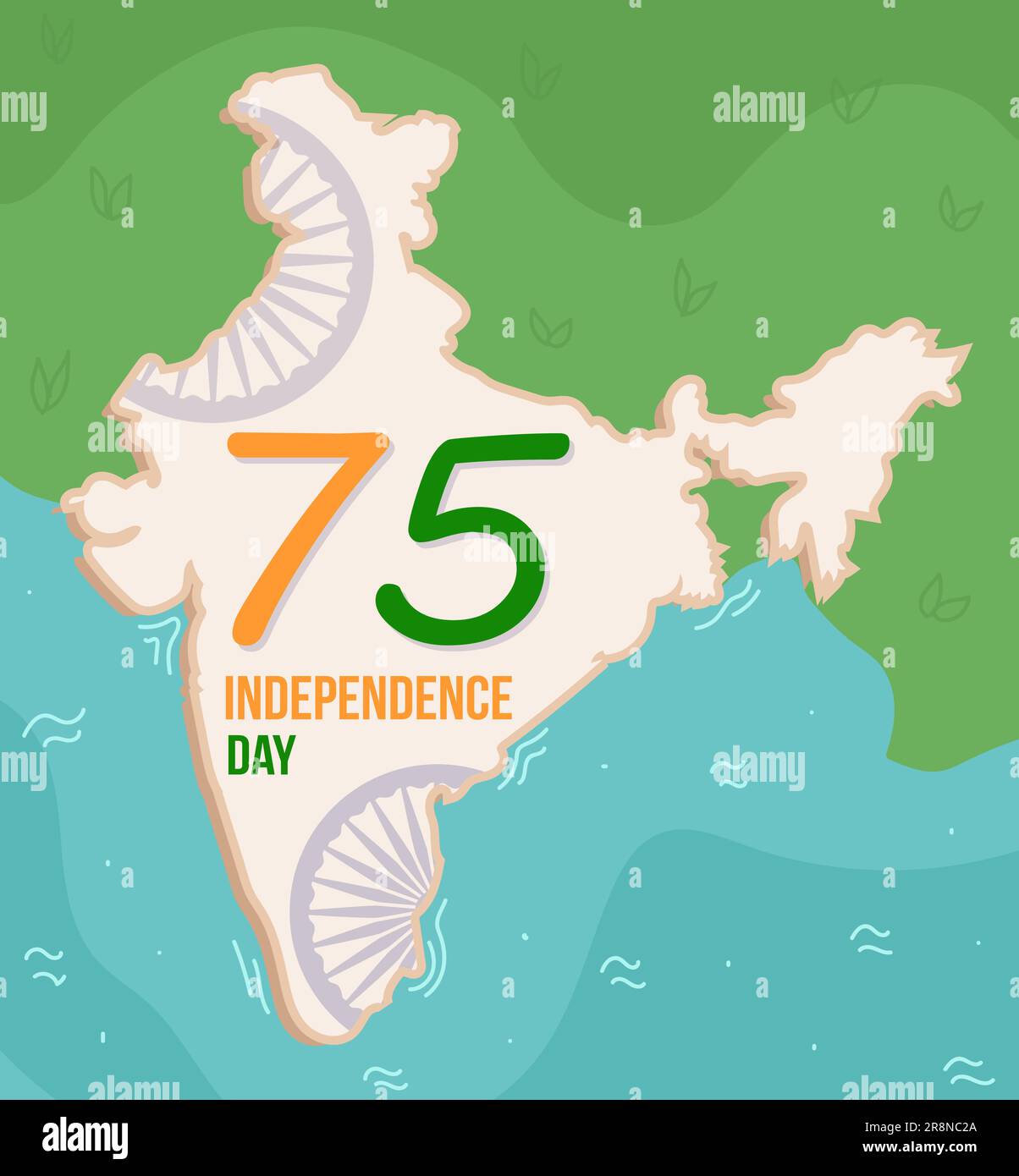 75 anno Happy Independence Day India. Mappa illustrata colorata con logo Anniversary e scritta per le celebrazioni. Illustrazione del modello vettoriale Illustrazione Vettoriale