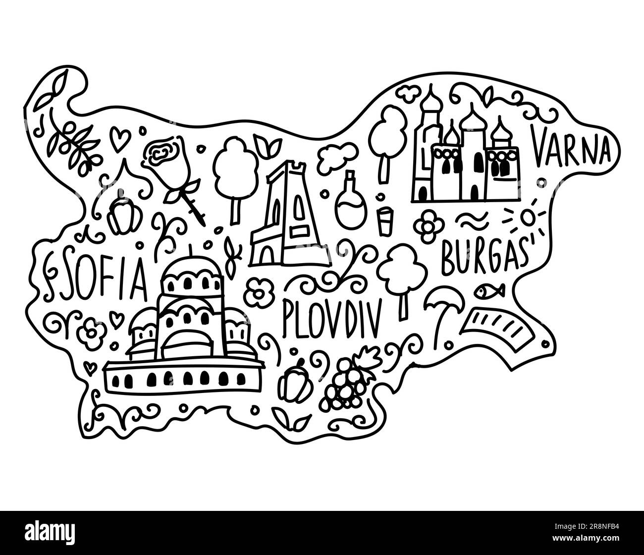 Mappa doodle illustrata della Bulgaria. Famosi monumenti tempiali, cattedrale, rosa, rakia e monumento Shipka. Linee nere disegnate a mano. Educare vettoriale a colori Illustrazione Vettoriale