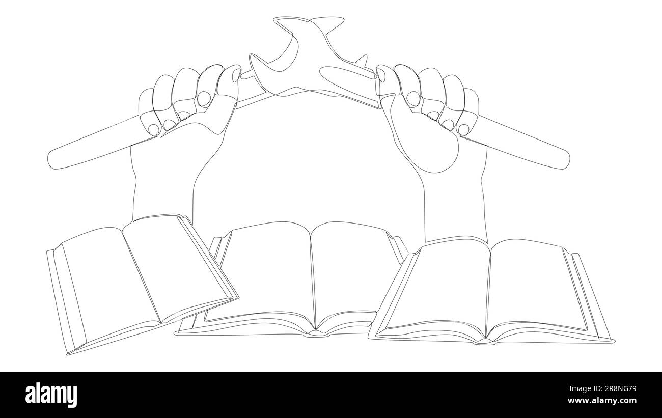 Una linea continua di libri con chiave. Illustrazione di linee sottili Manuale di istruzioni concetto di vettore. Disegno di contorno idee creative. Illustrazione Vettoriale