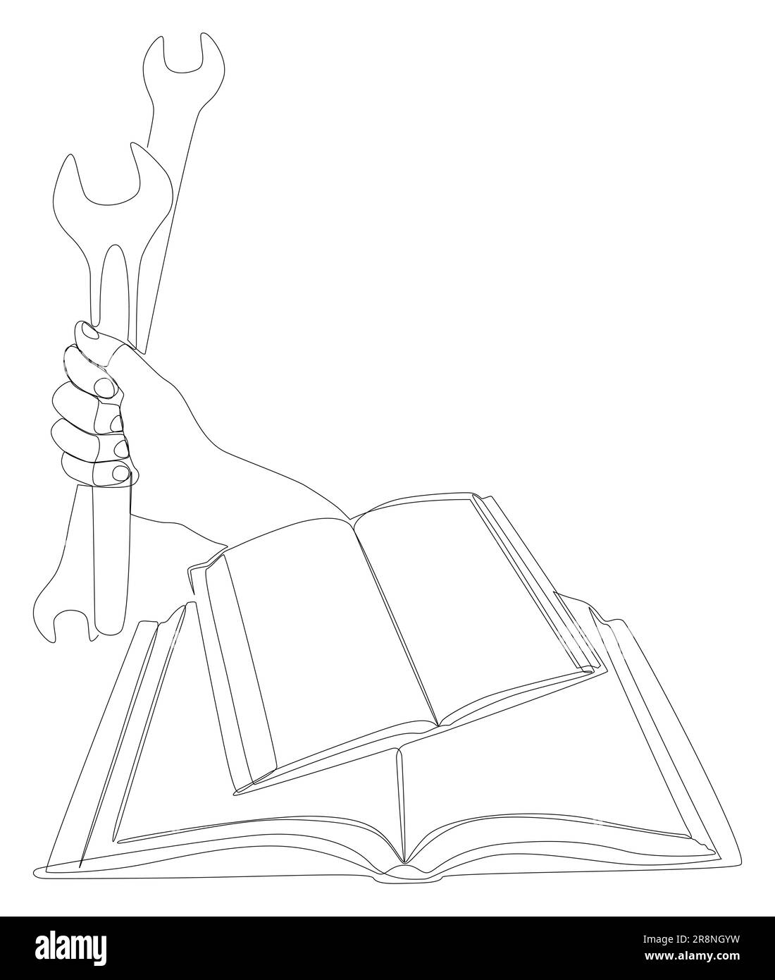 Una linea continua di libri con chiave. Illustrazione di linee sottili Manuale di istruzioni concetto di vettore. Disegno di contorno idee creative. Illustrazione Vettoriale