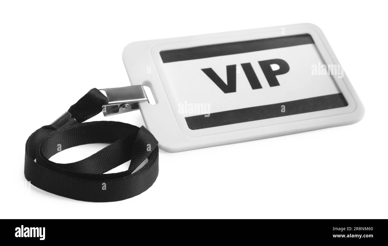 Badge VIP in plastica con nastro nero isolato su bianco Foto Stock