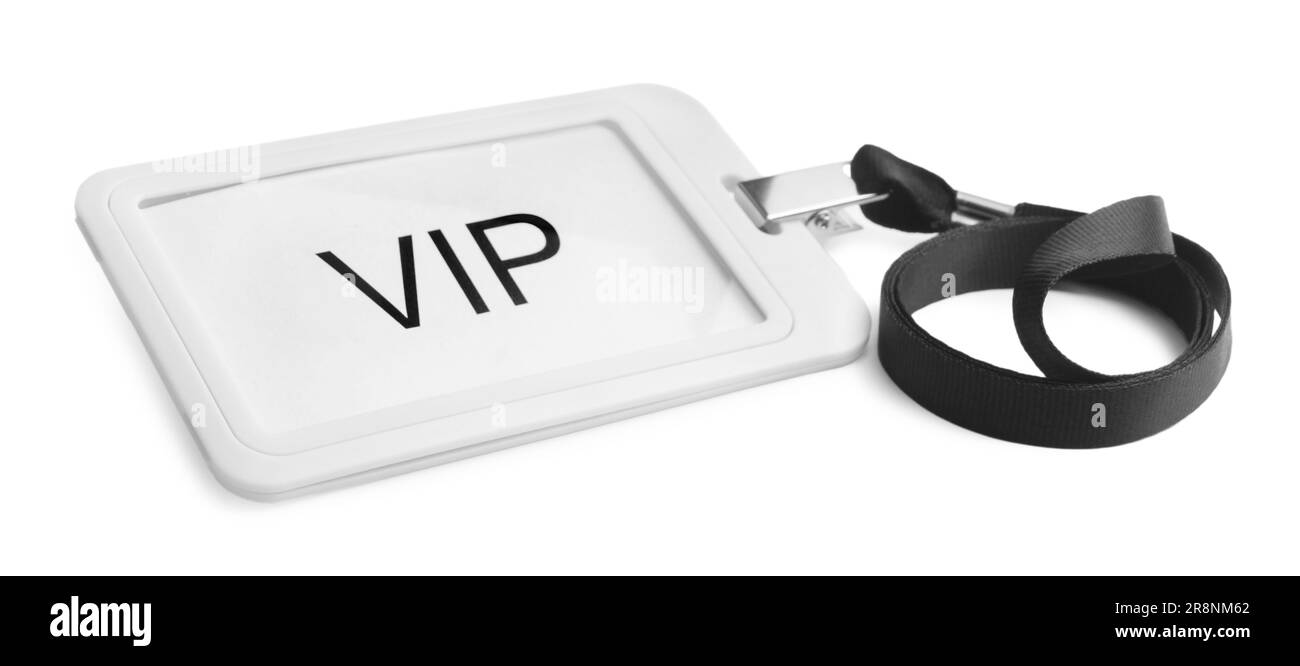 Badge VIP in plastica con nastro nero isolato su bianco Foto Stock