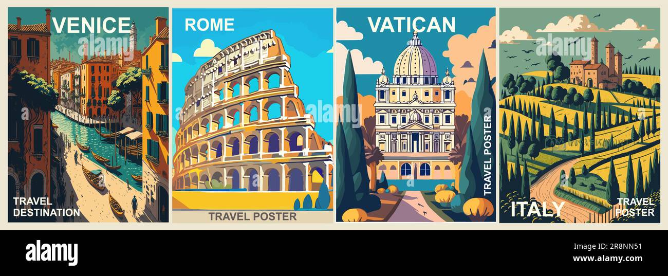 Set di manifesti di destinazione di viaggio Italia vettore. Illustrazione Vettoriale