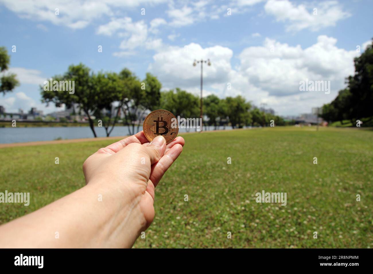 Bitcoin moneta in oro, mano tenere bitcoin nel parco e sfondo naturale Foto Stock