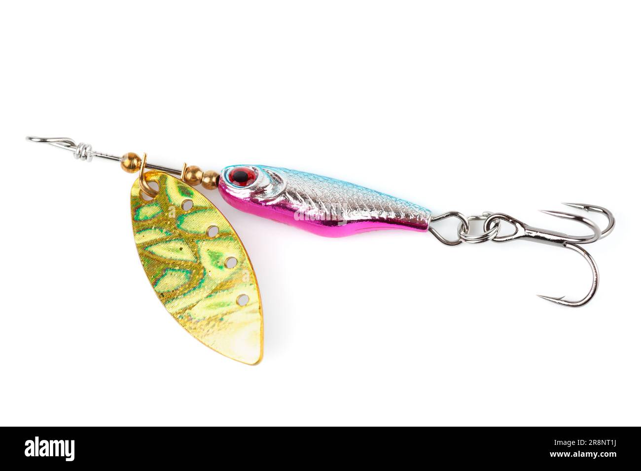 Spinner, attira per la pesca dei predatori, sparato su una superficie bianca Foto Stock