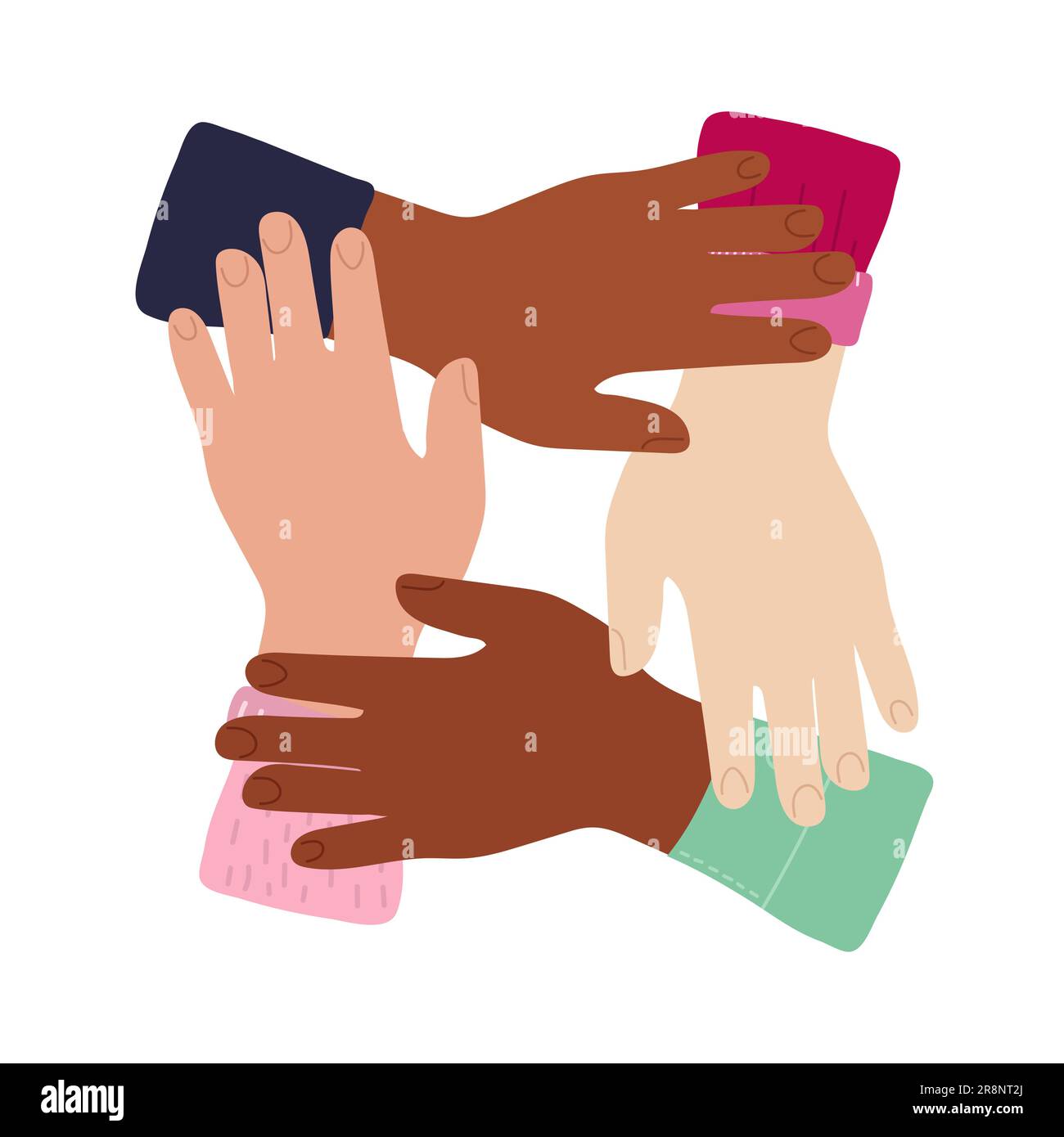 Cartone animato amicizia inter-razziale, solidarietà delle persone, aiutare a sostenere il concetto di diversità simbolo nel vettore di illustrazione cartone animato isolato in bianco backg Illustrazione Vettoriale