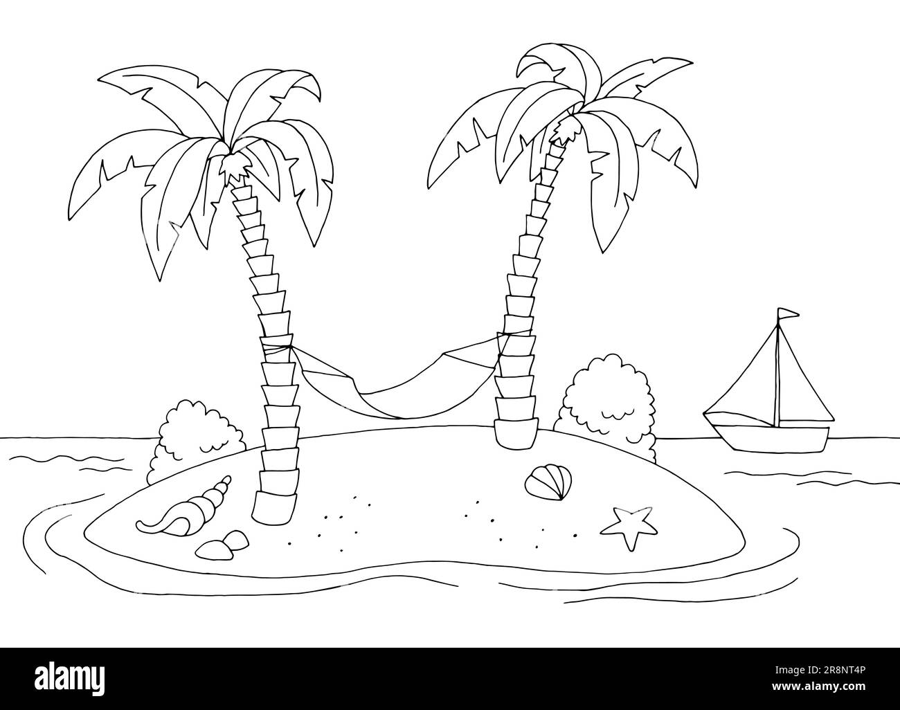Amaca sulla costa marina dell'isola grafica paesaggio bianco e nero disegno vettore di illustrazione Illustrazione Vettoriale