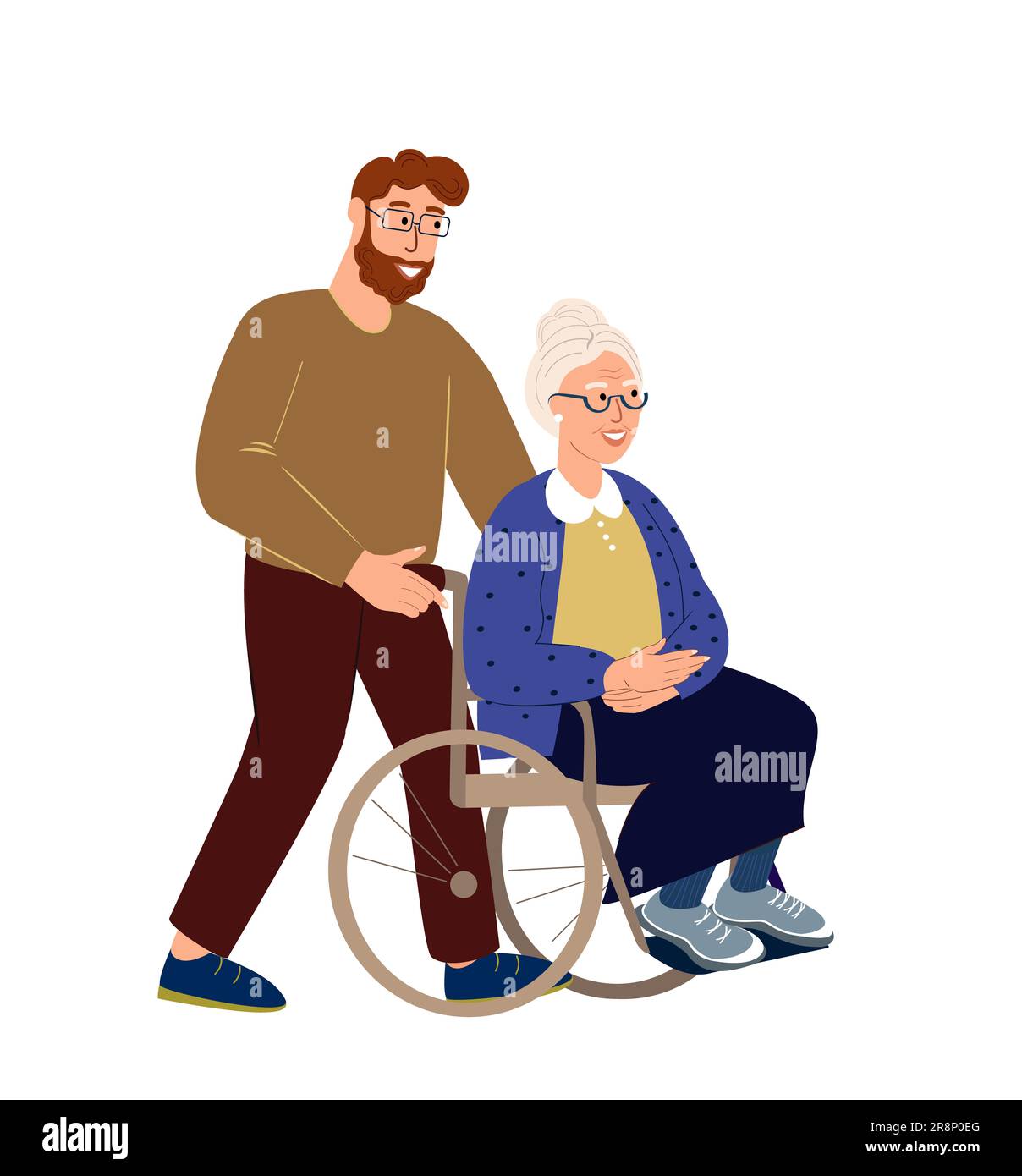 Adult Son amorevole cavalcando la sua vecchia nonna disabile nella sedia a rotelle che tiene, supportando il concetto di supporto di her.Family Illustration.Son che si prende cura del suo seno Foto Stock