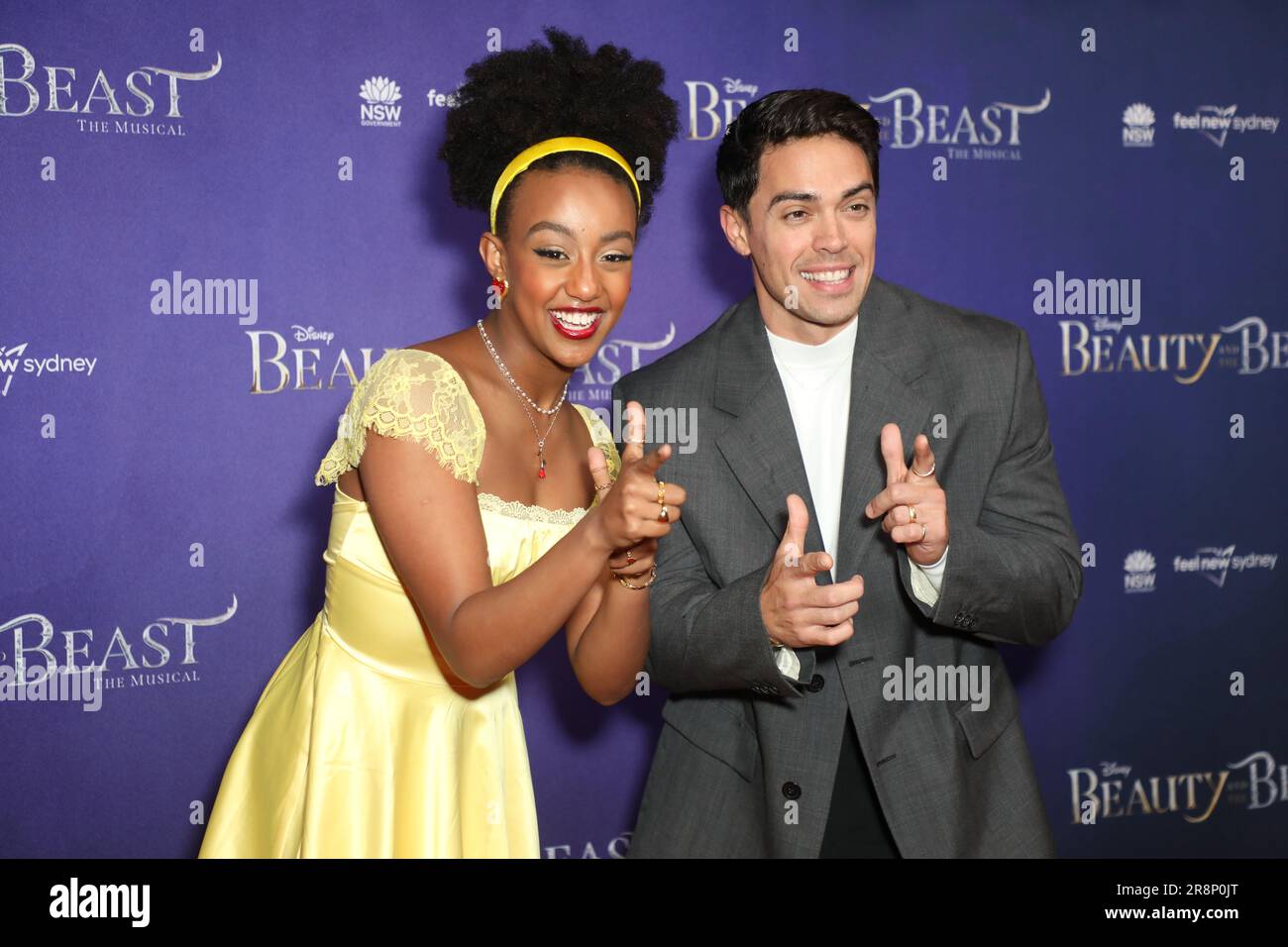 Sydney, Australia. 22 giugno 2023. Disney Beauty and the Beast il musical Australian Premiere Red carpet arriva al Capitol Theatre. Nella foto: Tsehay Hawkins e John Pearce. Crediti: Richard Milnes/Alamy Live News Foto Stock